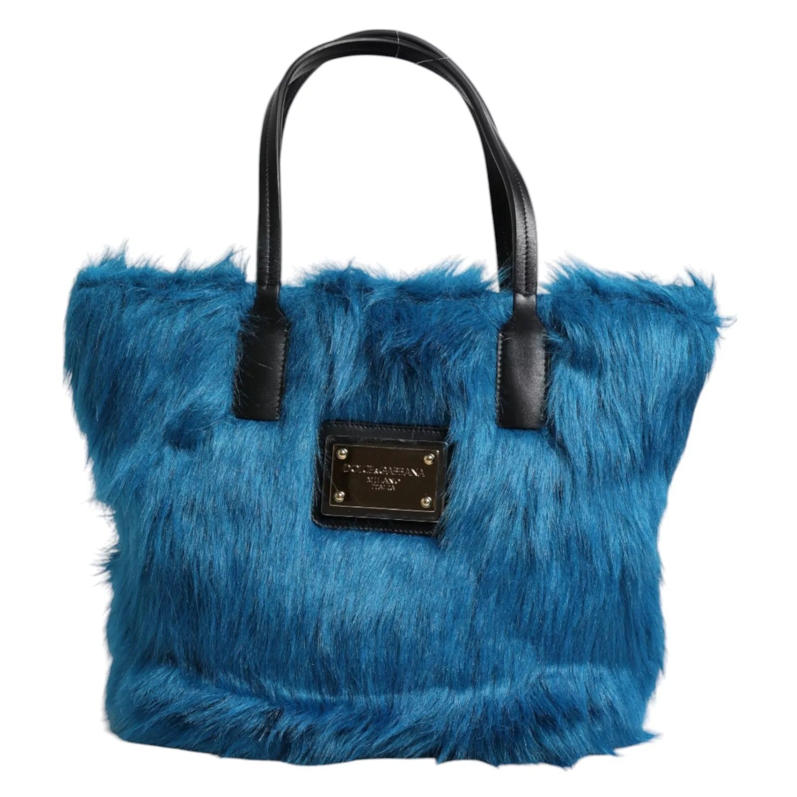 Dolce & Gabbana Blaue Pelzlogoplakette mit doppeltem Henkel Umhängetasche